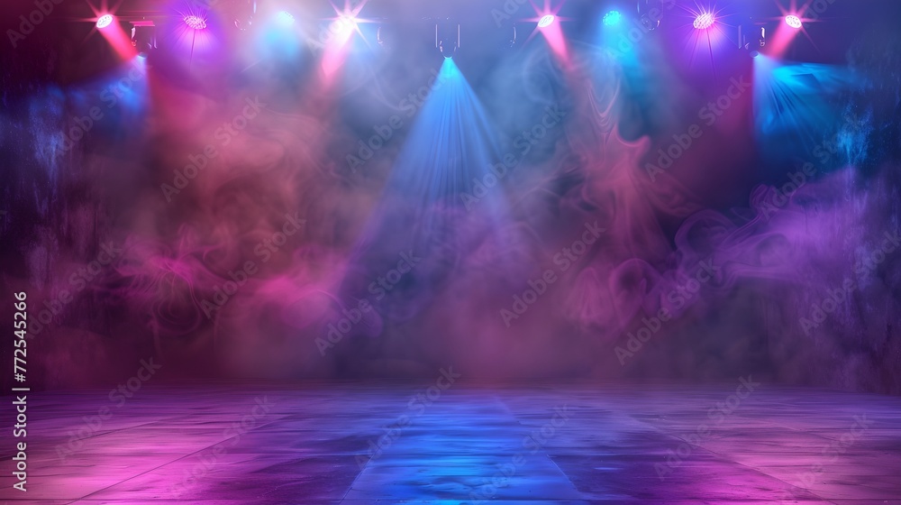 Empty Stage with Vibrant Lights and Smoke. Modern Concert Venue Atmosphere. Ideal Background for Event Promos. Dynamic and Colorful Stage Design. AI