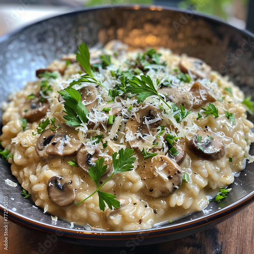Delicious Mushroom Risotto with Parmesan Cheese, Garnished with Fresh Parsley - Gourmet Italian Cuisine
