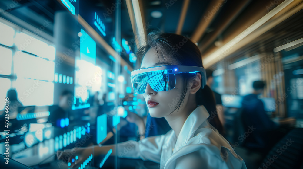 Selective focus of Asian business woman using AR glasses in the office. Selective focus of Asian business woman using AR glasses in the office.