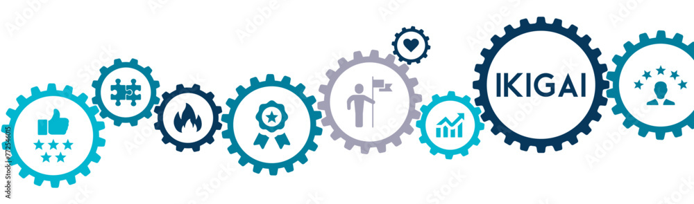 IKIGAI Japanese banner website icons vector illustration concept with an icons of secret happiness finding intersection passion mission vocation profession purpose in life on white background IKIGAI Japanese banner website icons vector illustration concept with an icons of secret happiness finding intersection passion mission vocation profession purpose in life on white background