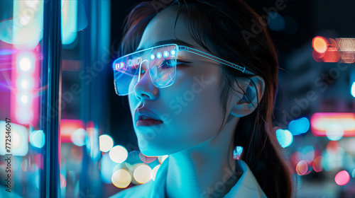 Selective focus of Asian business woman using AR glasses in the office.