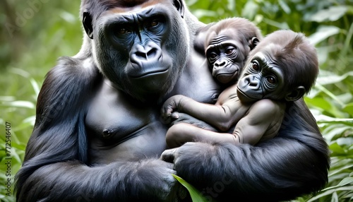 A Mother Gorilla Cradling Her Newborn Baby In Her
