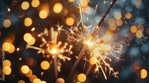 Closeup of sparkling sparklers and bokeh lights in the background