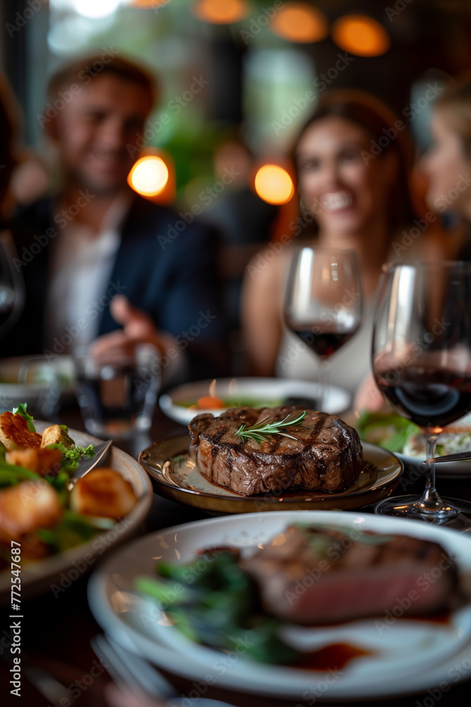 Selective focus of Group of Caucasian businessmen eating steak in restaurant. Selective focus of Group of Caucasian businessmen eating steak in restaurant.