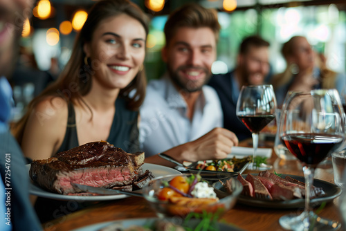 Selective focus of Group of Caucasian businessmen eating steak in restaurant.