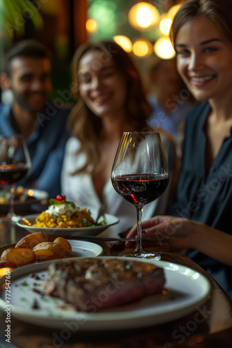 Selective focus of Group of Caucasian businessmen eating steak in restaurant.