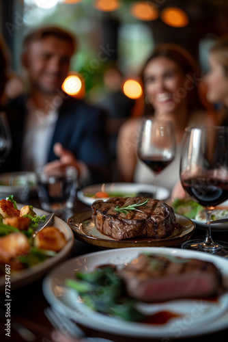 Selective focus of Group of Caucasian businessmen eating steak in restaurant.