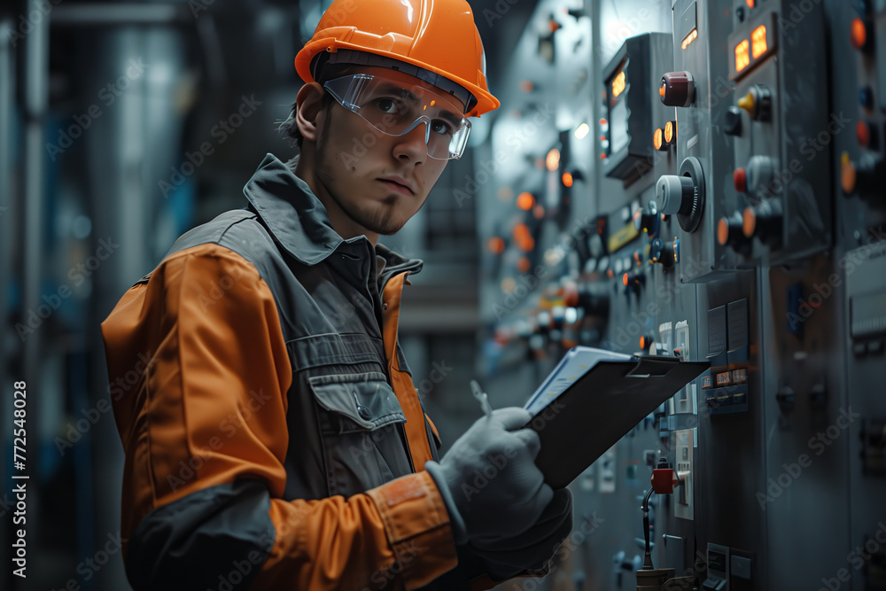 Caucasian male electrician checking factory control panel. Caucasian male electrician checking factory control panel.