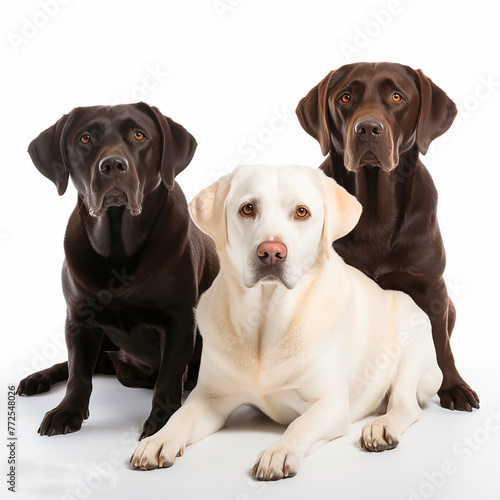 Three dogs labradors are sitting closely next to each other. They appear to be calm and content, with their ears perked up and attentive expressions. Dogs are facing the same direction, creating sense
