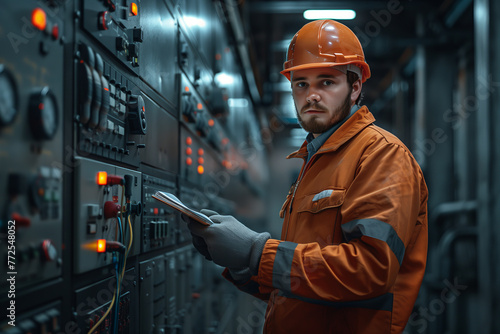 Caucasian male electrician checking factory control panel.