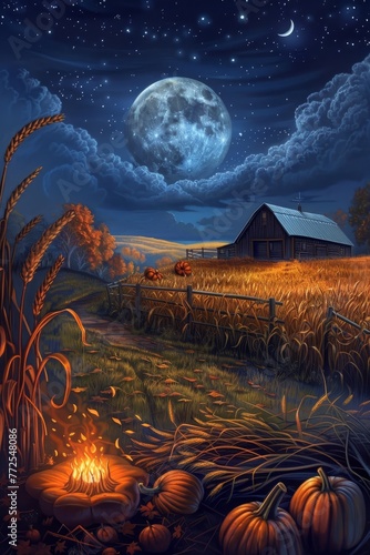 Autumn harvest. moonlit night over fields with pumpkins, corn, wheat, barn, stars, and bonfire