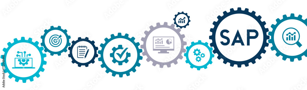 Software of Automation Process SAP banner website icons vector illustration concept with an icons of business software enterprise resource planning ERP system development analysis on white background Software of Automation Process SAP banner website icons vector illustration concept with an icons of business software enterprise resource planning ERP system development analysis on white background