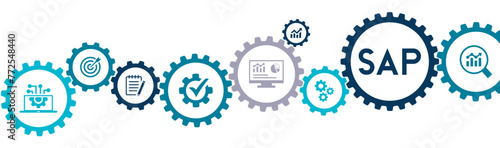 Software of Automation Process SAP banner website icons vector illustration concept with an icons of business software enterprise resource planning ERP system development analysis on white background photo
