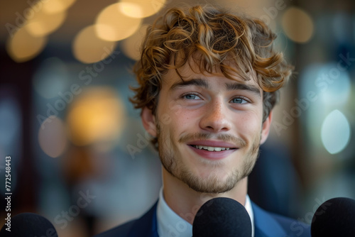 Young Caucasian male businessman being interviewed by a reporter. photo