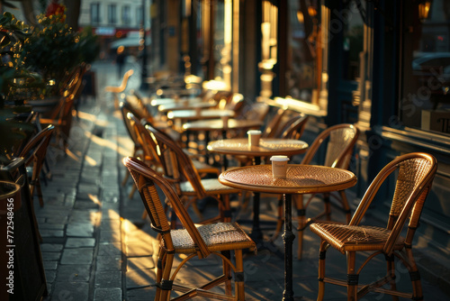 A row of outdoor tables with chairs and a few potted plants