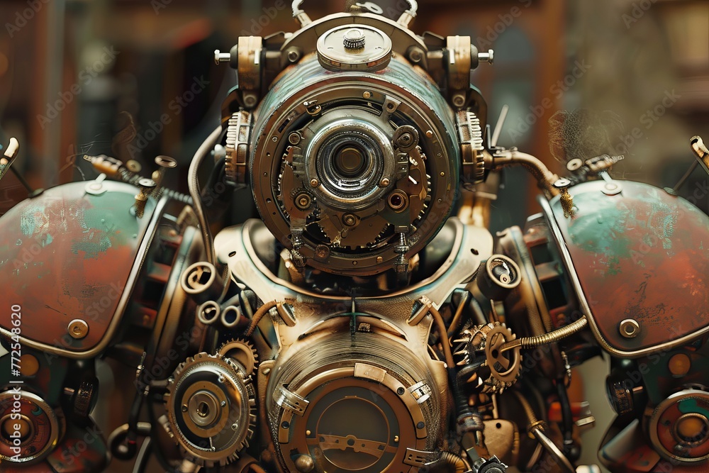 Unique steampunk robot adorned with intricate gears and gadgets, displaying a blend of technology and creativity. Unique steampunk robot adorned with intricate gears and gadgets, displaying a blend of technology and creativity.