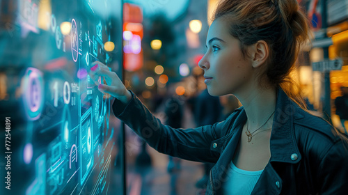 A happy woman is touching a cool futuristic screen on an electric blue city street. The event is fun and the vibrant magenta lights add to the excitement photo