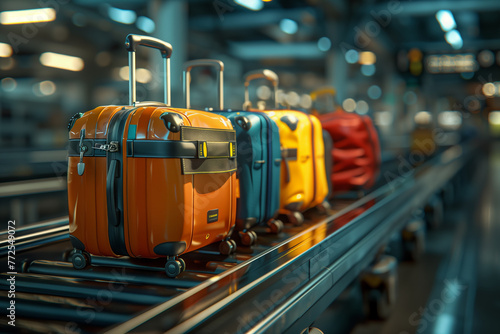 Selective focus of A conveyor belt is transporting suitcases in the airport.