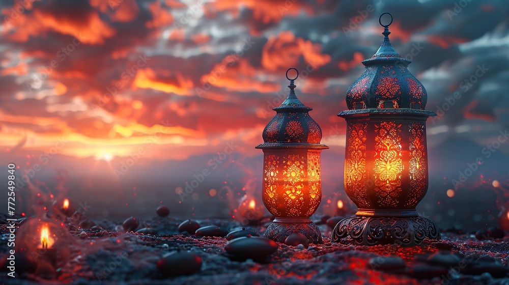 lanterns under the sky with a red hue