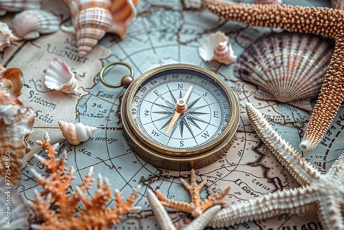 A vintage compass rests on top of an aged map, surrounded by an assortment of sea shells in a coastal setting