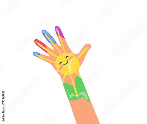 Kid hand with colorful artistic drawing with smiling sun emoticon isolated on white background