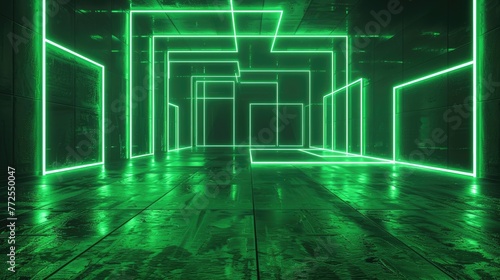 3d render dark green Neon abstract geometric pattern background