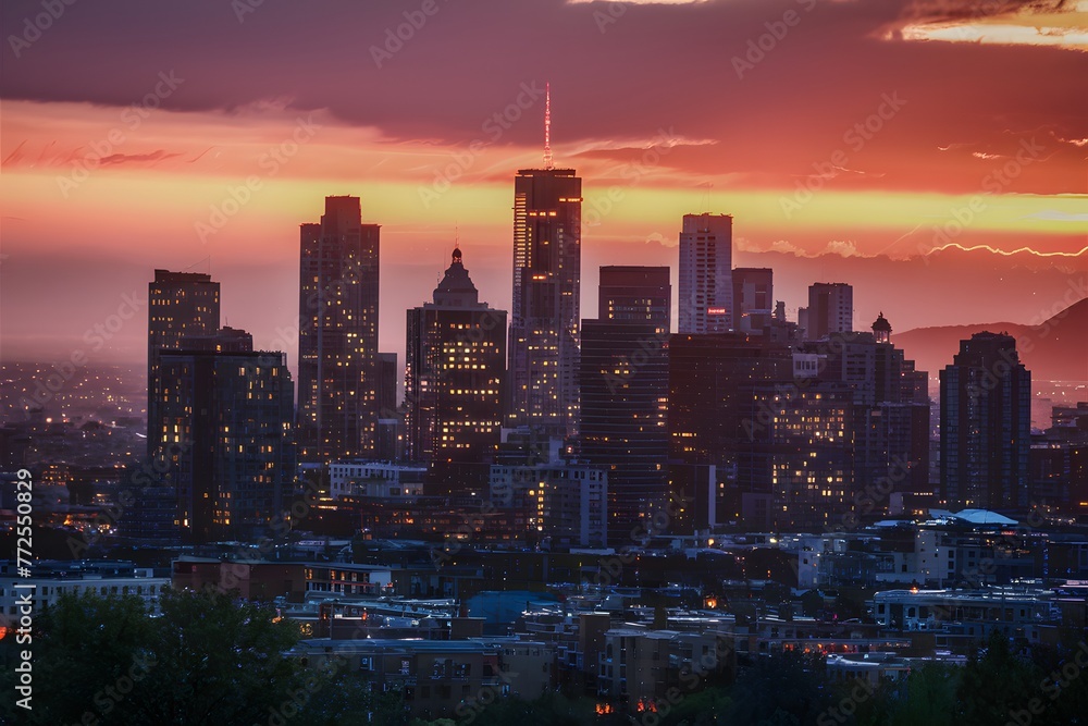 Naklejka premium Sunset background over city lights before the onset of night