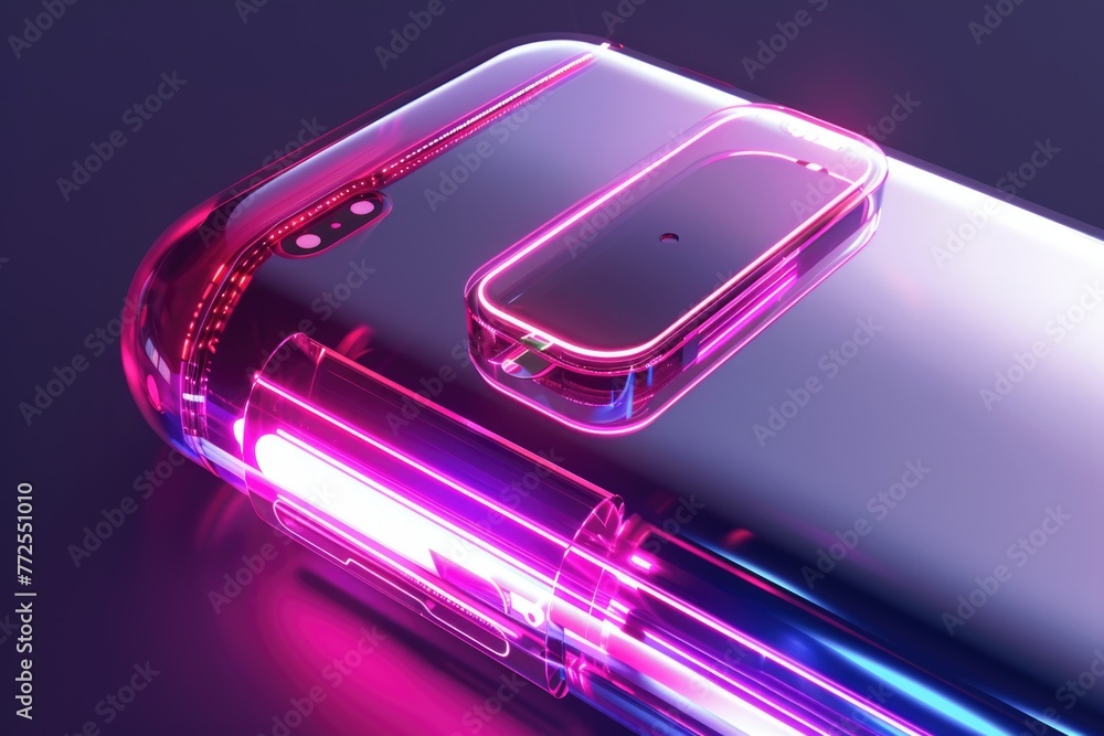 Detailed view of the back of a modern cell phone, showcasing its sleek design, camera lens, logo, and intricate textures under bright lighting Detailed view of the back of a modern cell phone, showcasing its sleek design, camera lens, logo, and intricate textures under bright lighting