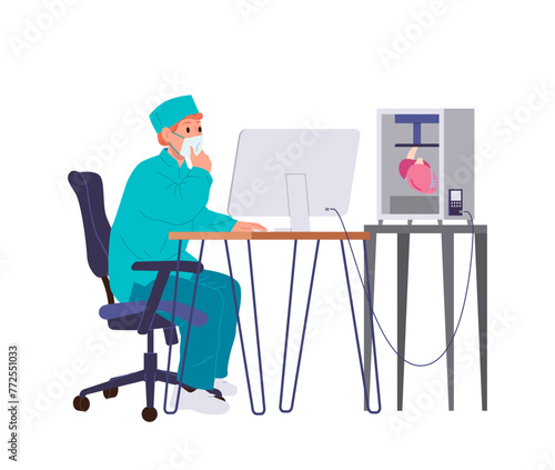 Doctor engineer cartoon character printing three-dimensional model of human heart or 3d printer