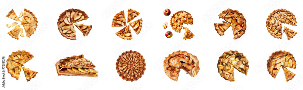 Assorted apple pies with lattice and crumb toppings cut out on transparent background