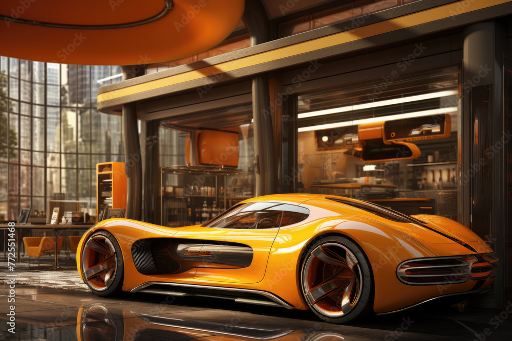Tomorrow's refueling station: Futuristic car refills at an advanced gas station Tomorrow's refueling station: Futuristic car refills at an advanced gas station