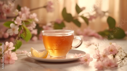 Composition with cup of jasmine tea and flowers on light background  AI-generated