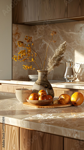 Wooden kitchen counter adorned with vase of flowers and fresh oranges