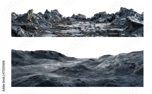 Lunar landscape with detailed rocky terrain and craters cut out on transparent background