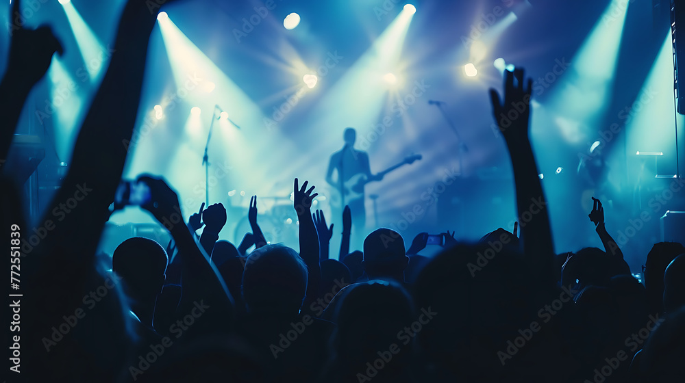 the vibrant energy of a live concert. The audience, silhouetted against the bright stage lights the vibrant energy of a live concert. The audience, silhouetted against the bright stage lights
