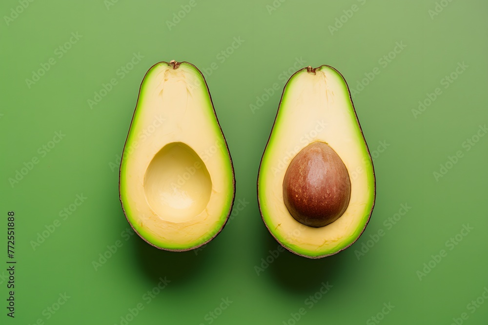 Two halves of ripe avocado showcased on a green background