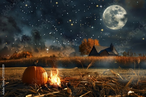 Harvest moonlit night over fields. pumpkins, corn, wheat, barn, stars, bonfire, autumn nostalgia