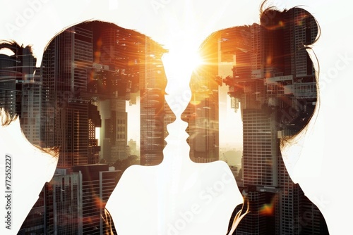 A couple sharing a passionate kiss against a city skyline backdrop filled with twinkling lights photo