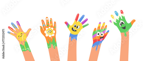 Kid hand with colorful cute funny faces emoticon, flower emoji and sun smiley, welcome gesture