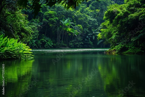 The serene beauty of a peaceful lake  nestled among vibrant green surroundings  creates a calming atmosphere.