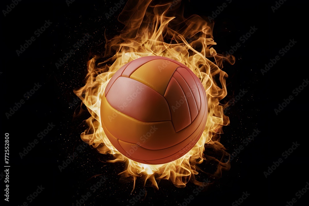 Fototapeta premium Volleyball ablaze in flames against captivating black background, dynamic