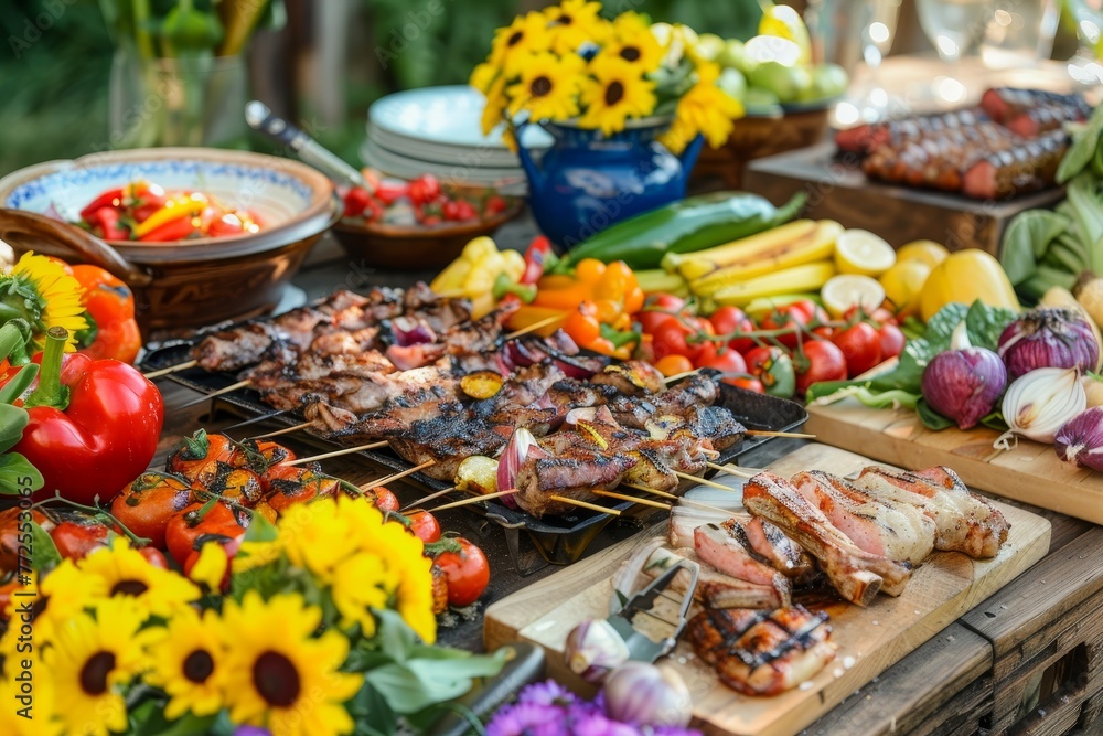 Fire-flavored feast. grilled meat and fresh garden vegetables for labor day picnic