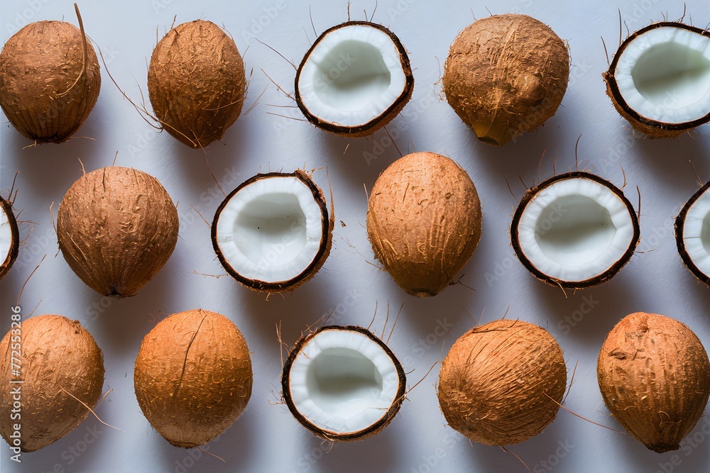 Whole and halved coconuts isolated on white background Whole and halved coconuts isolated on white background
