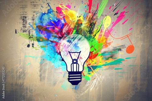 A light bulb covered in colorful paint splatters, radiating creativity and artistic expression