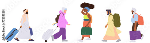 Migrants and refugees cartoon characters set leaving country, moving abroad, traveling with bags