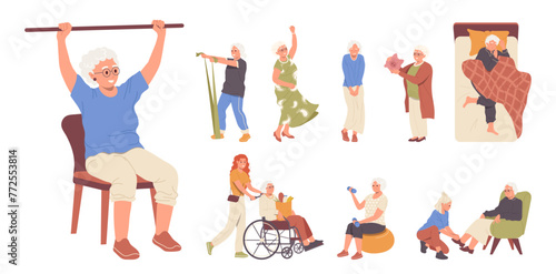 Elderly woman cartoon characters rehabilitation, physical activities, and sport, hobby occupation