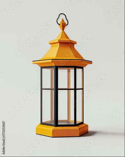 A yellow lantern with glass windows, a simple structure, and an octagonal shape. It is used for outdoor lighting or as decorative elements in the home. The design of its base may include various color (ID: 772553867)