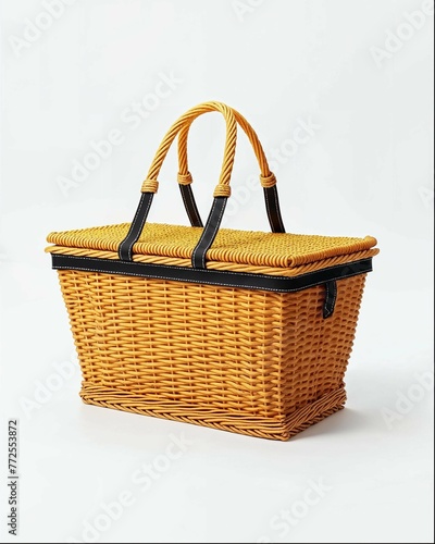A wicker picnic basket with a black handle, front view, on a white background, in a product photography style, with studio lighting, as a high resolution photography, in a hyper realistic photography  (ID: 772553872)
