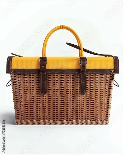 A wicker picnic basket with a black handle, front view, on a white background, in a product photography style, with studio lighting, as a high resolution photography, in a hyper realistic photography  (ID: 772553886)
