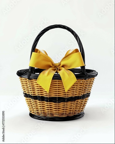 A wicker picnic basket with a black handle, front view, on a white background, in a product photography style, with studio lighting, as a high resolution photography, in a hyper realistic photography  (ID: 772553890)